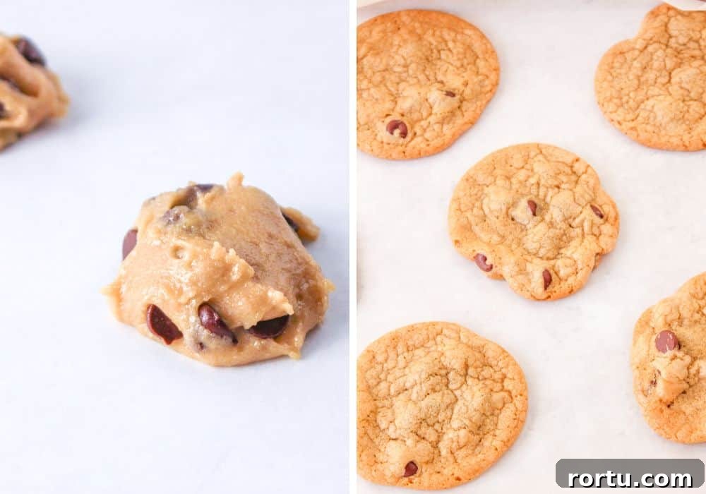 Chocolate Chip Cookies Without Butter — Made with Oil 10 two photos; one shows scoops of cookie dough on prepared baking sheet, the other shows the cookies freshly baked.