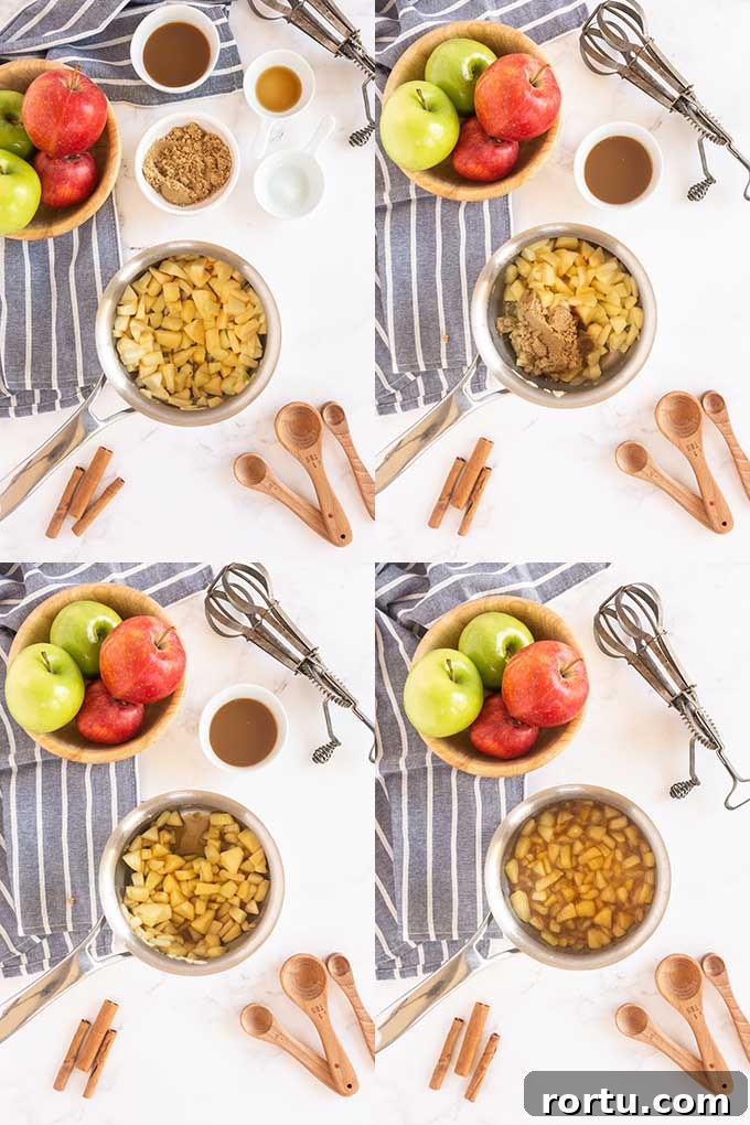 collage of step by step photos on how to make the caramel apple topping