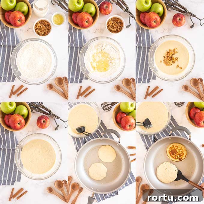 Step by step photos on how to make apple pancakes.