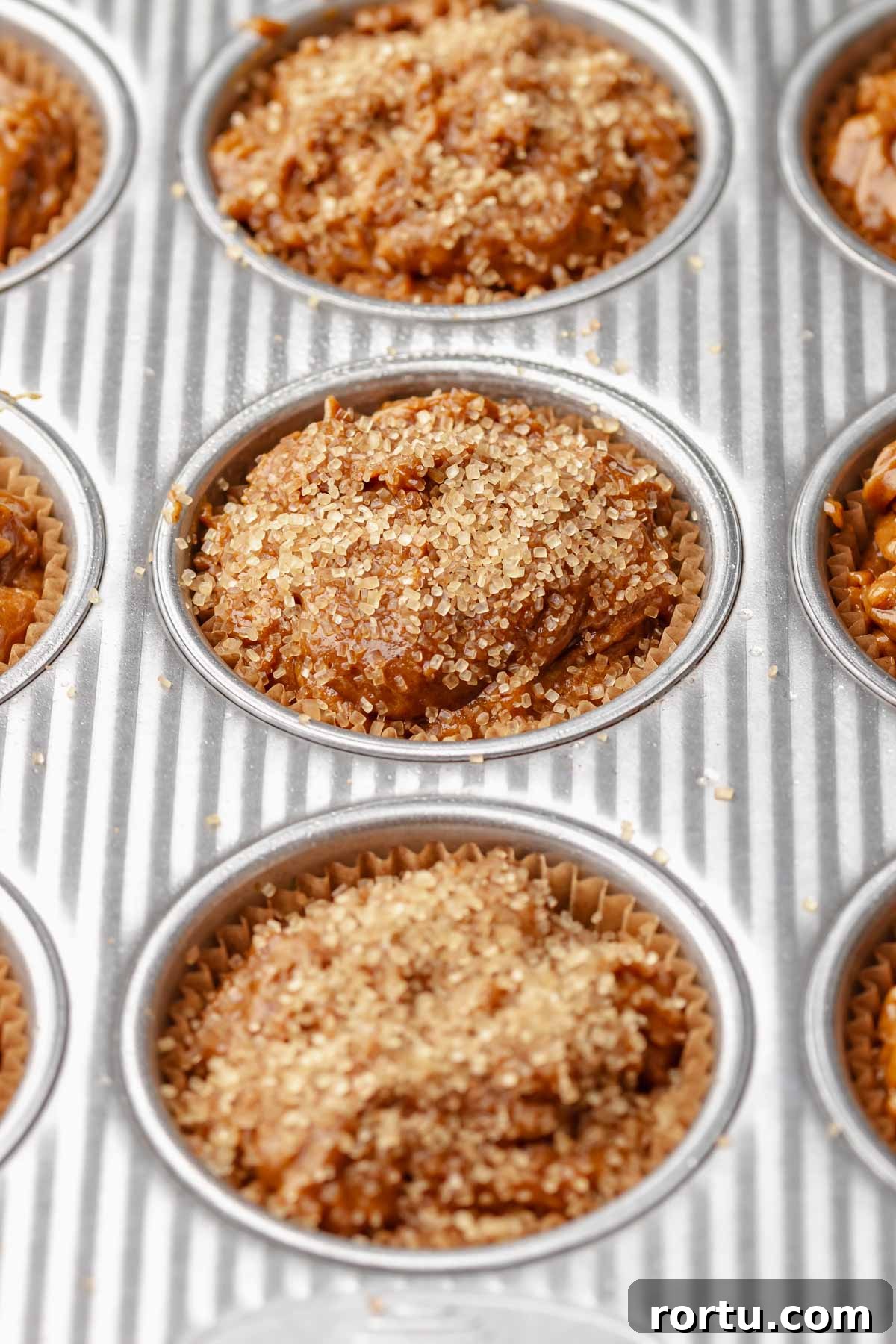 Gingerbread muffin batter topped with coarse sugar.