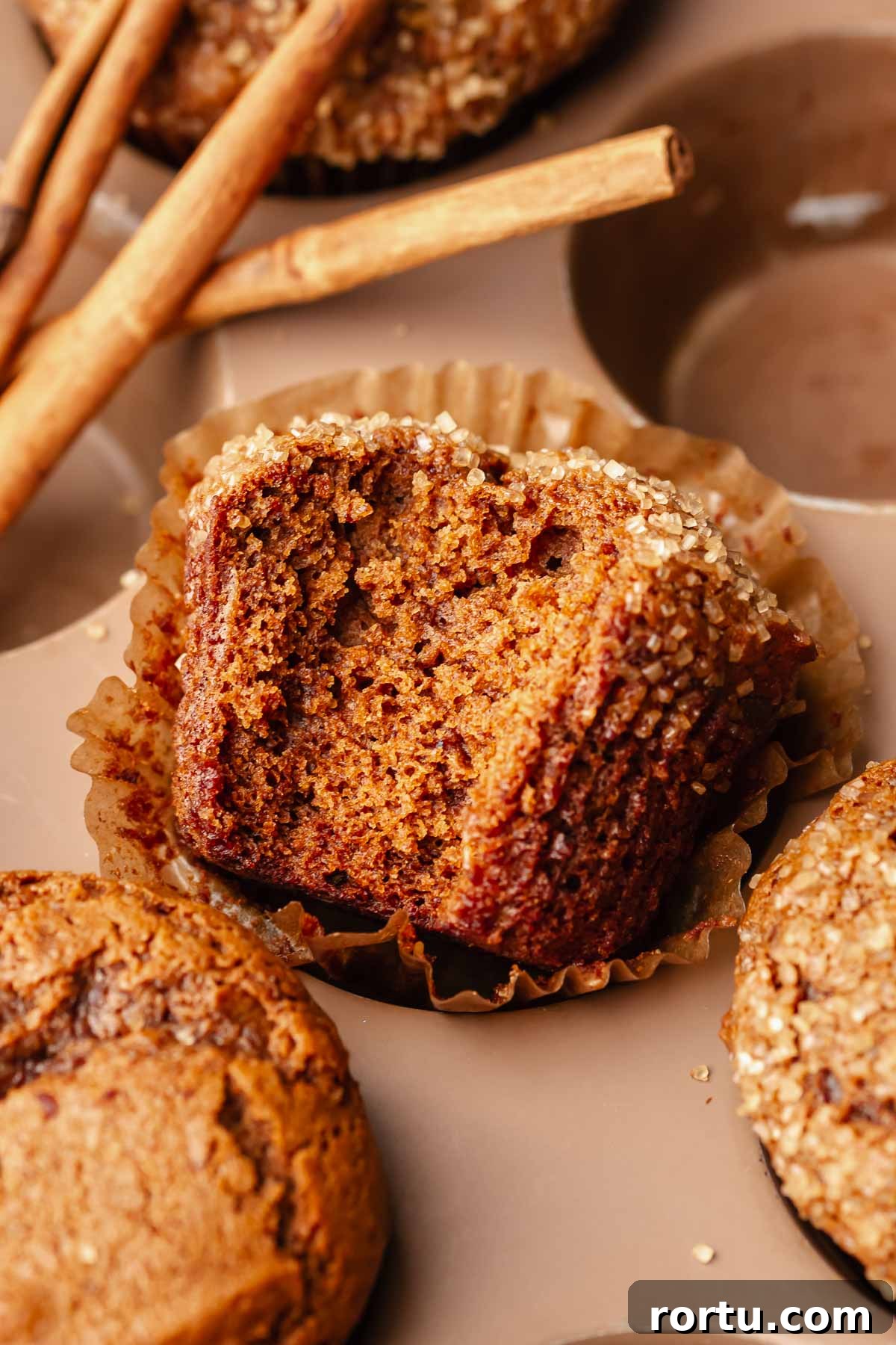 A gingerbread muffin with a bite removed.