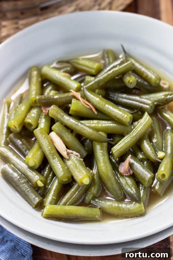 Serving of southern green beans with pork in broth.