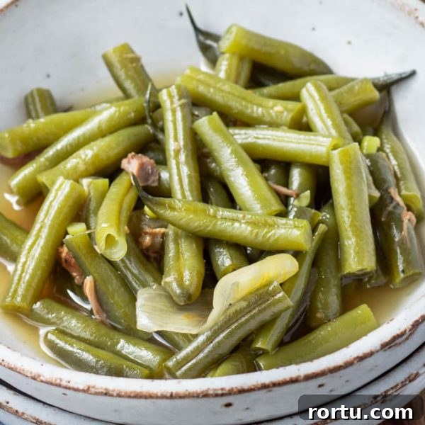 Southern green beans in a bowl with broth.
