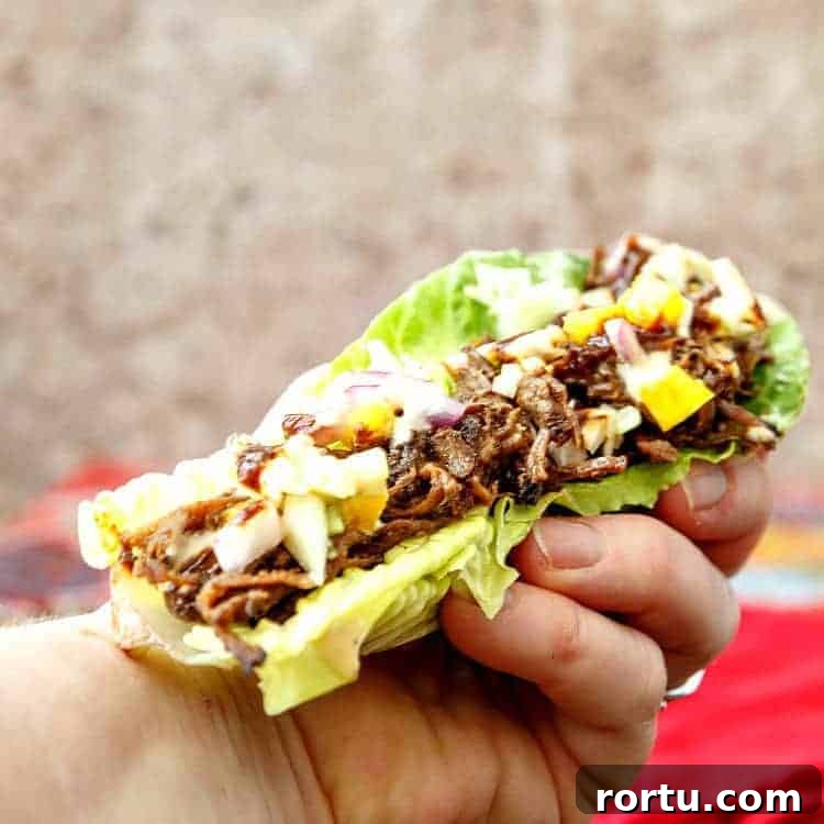A hand holding a lettuce wrap made with beef carnitas.