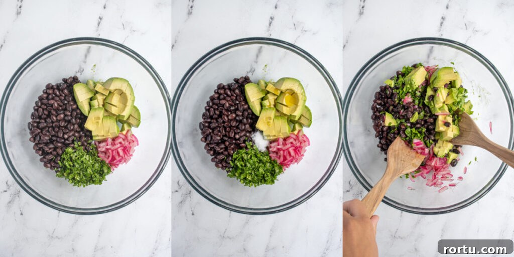 Bowl showing the steps of adding cilantro and salt and mixing avocado black bean salsa.