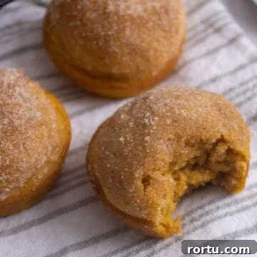 Donut muffins on a cloth with a bite taken out of one.