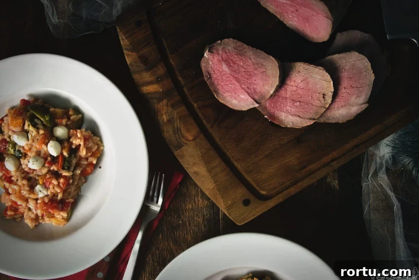 Tender Slow-Roasted Eye Round: Juicy, Melts in Your Mouth 10 Slices of eye round roast on a cutting board with dishes filled with fall risotto