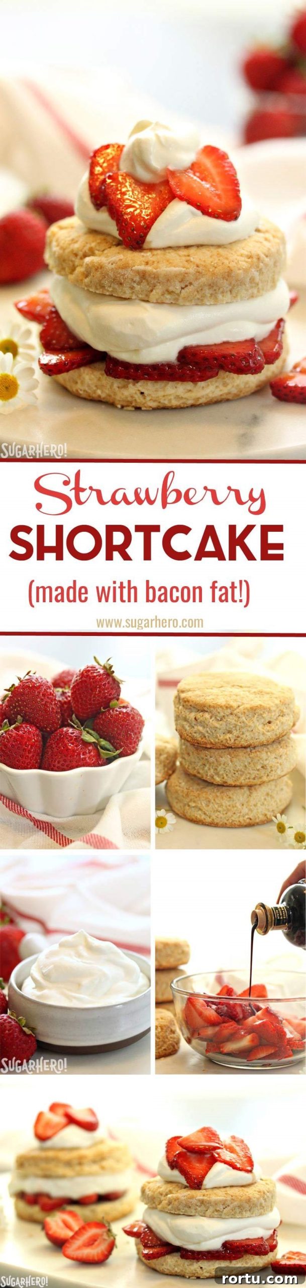 Grown-Up Strawberry Shortcake - the classic dessert gets a modern twist! Bacon fat is added to the shortcakes, for a deliciously savory contrast to the sweet strawberries. Try it, you'll love it! | From SugarHero.com Grown-Up Strawberry Shortcake | From SugarHero.com