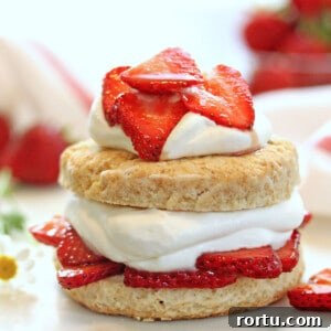 Strawberry Shortcake with a Grown-Up Twist 4 Close up of strawberry shortcake topped with sliced strawberries and whipped cream.