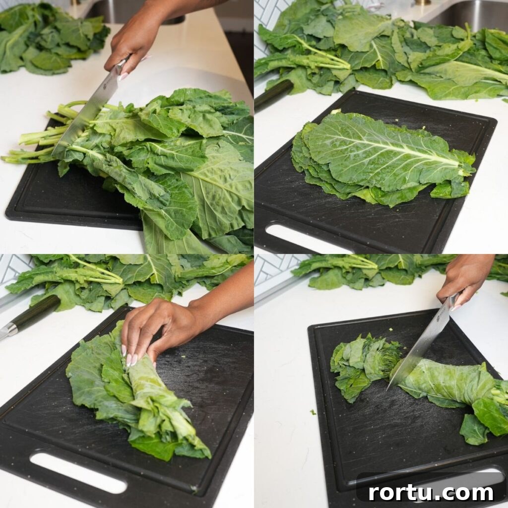 Authentic Southern Collard Greens Recipe for Soul Food Fans 8 Step by step images of cutting collard greens.