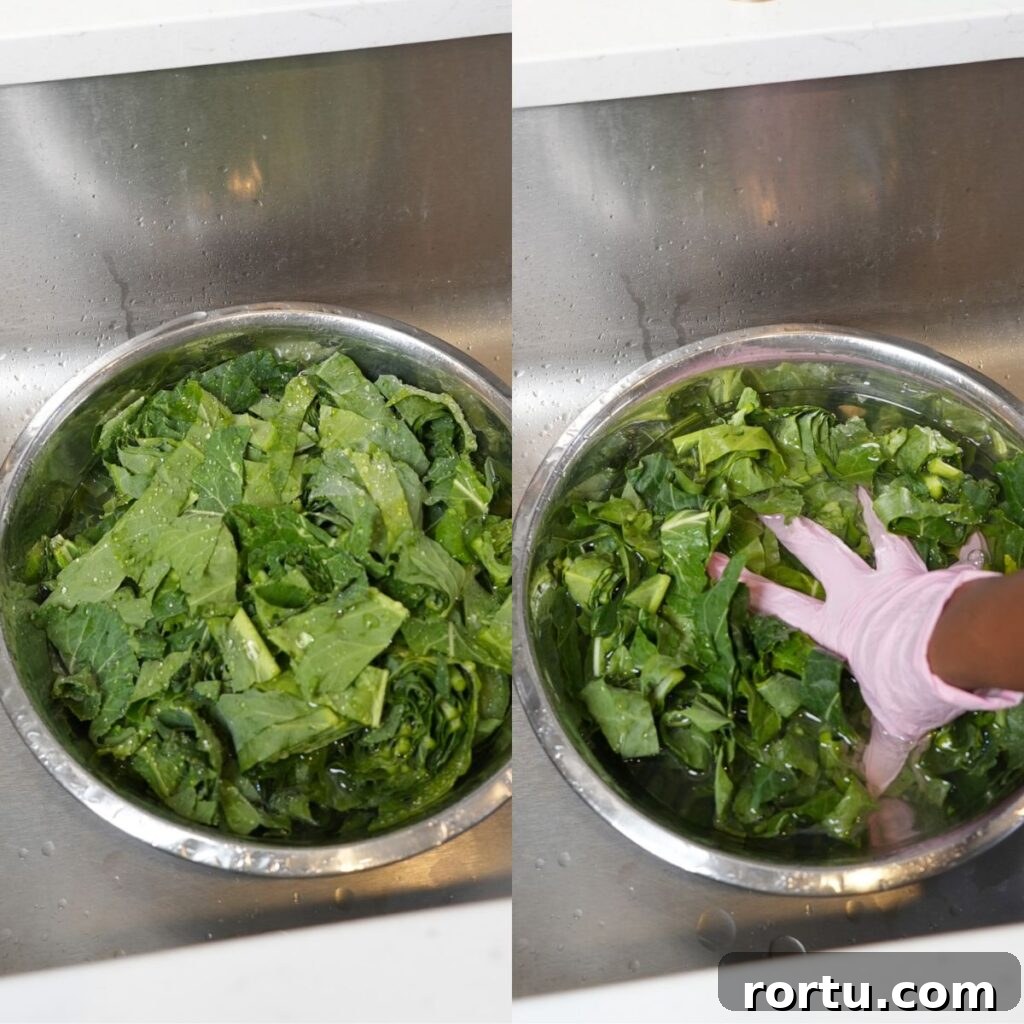 Authentic Southern Collard Greens Recipe for Soul Food Fans 9 Washing cut greens in a bowl with water and vinegar.