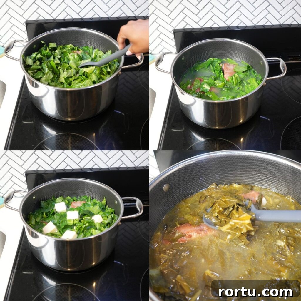 Authentic Southern Collard Greens Recipe for Soul Food Fans 10 Collard greens being cooked in a pot.