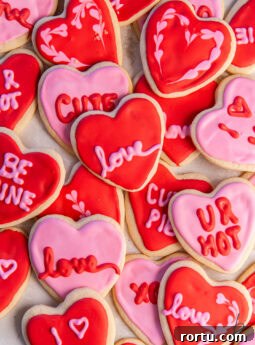 tabletop with heart shaped cookies decorated with red and pink icing.