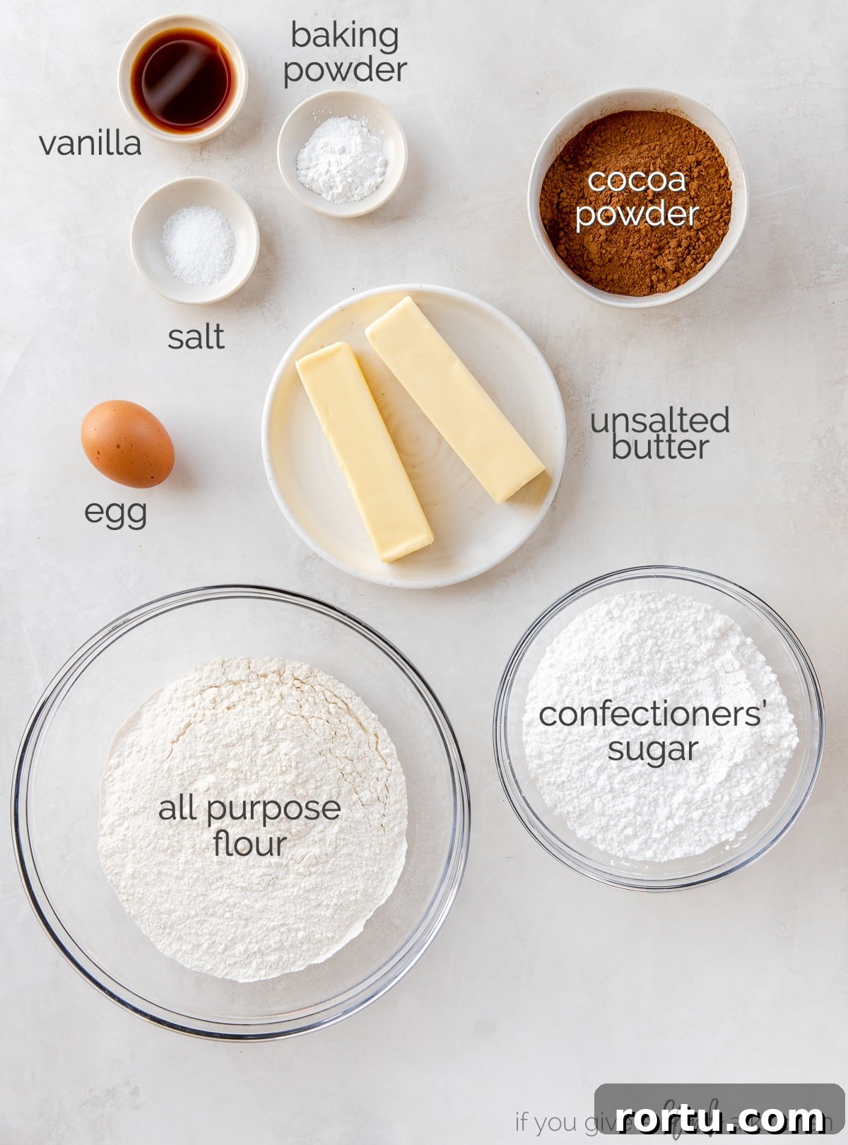 Chocolate Cut-Out Cookies: Perfect Decorated Cocoa Sugar Cookies 3 chocolate cut out cookie ingredients in bowls labeled with text