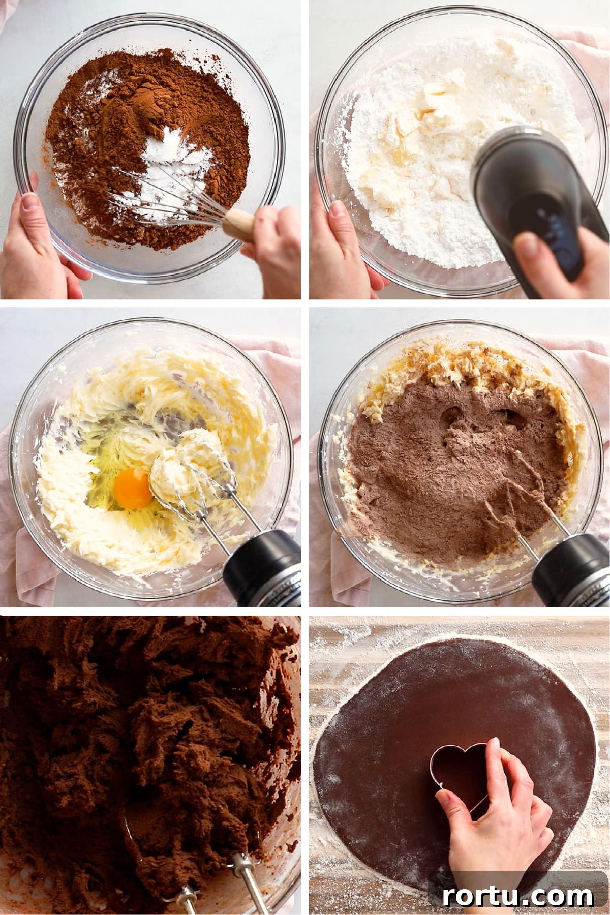 Chocolate Cut-Out Cookies: Perfect Decorated Cocoa Sugar Cookies 4 photo collage demonstrating how to make chocolate cookie dough for cut out cookies