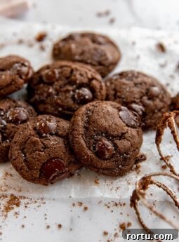 double chocolate chip cookies with sea salt in a pile