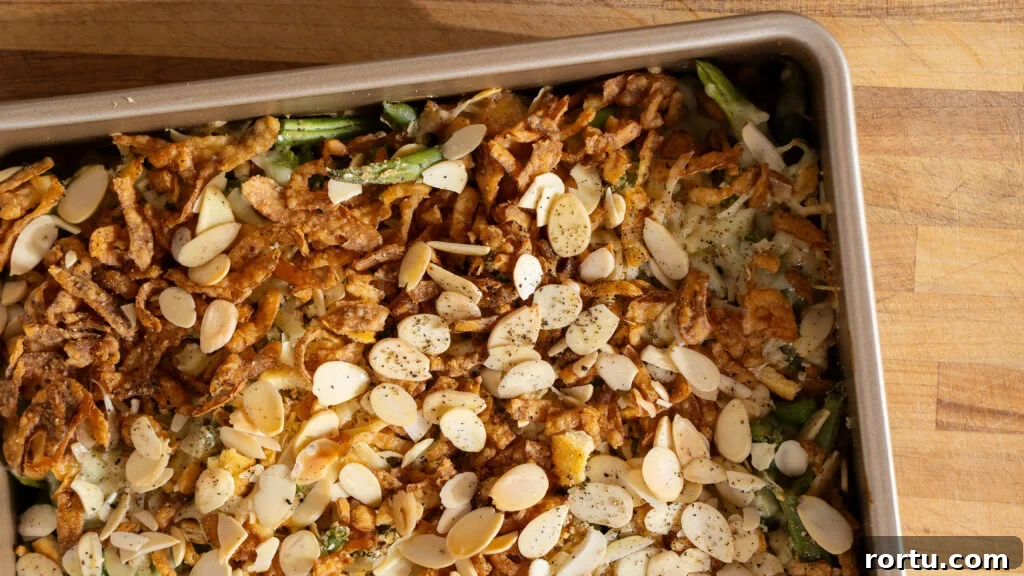 French's green bean casserole in a baking pan.