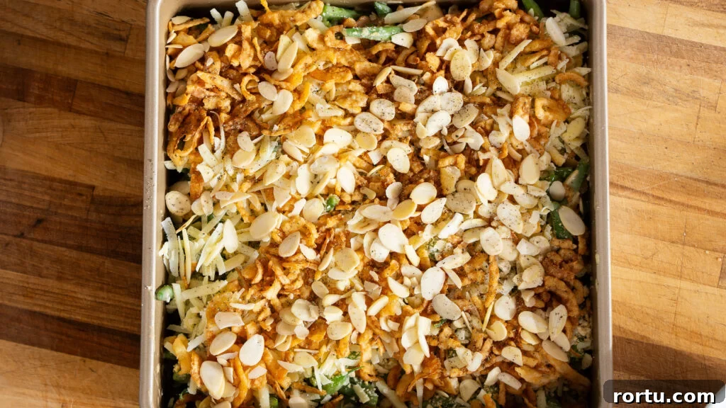 French's green bean casserole in a baking pan.