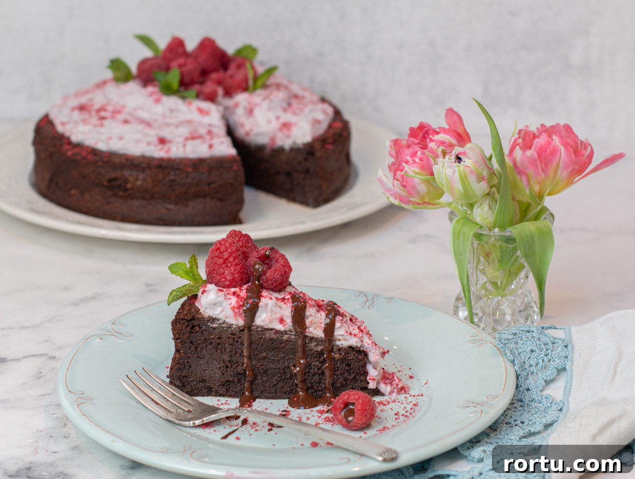 Flourless Chocolate Mousse Cake with Raspberry Coconut Whipped Cream 2 Flourless Chocolate Mousse Cake with Crushed Raspberry Coconut Whipped Cream