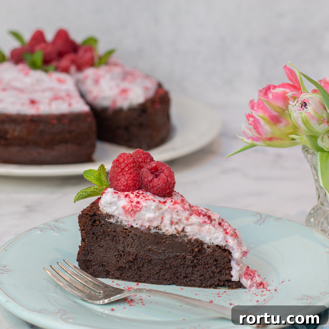 Flourless Chocolate Mousse Cake with Raspberry Coconut Whipped Cream 4 Flourless Chocolate Mousse Cake with Crushed Raspberry Coconut Whipped Cream