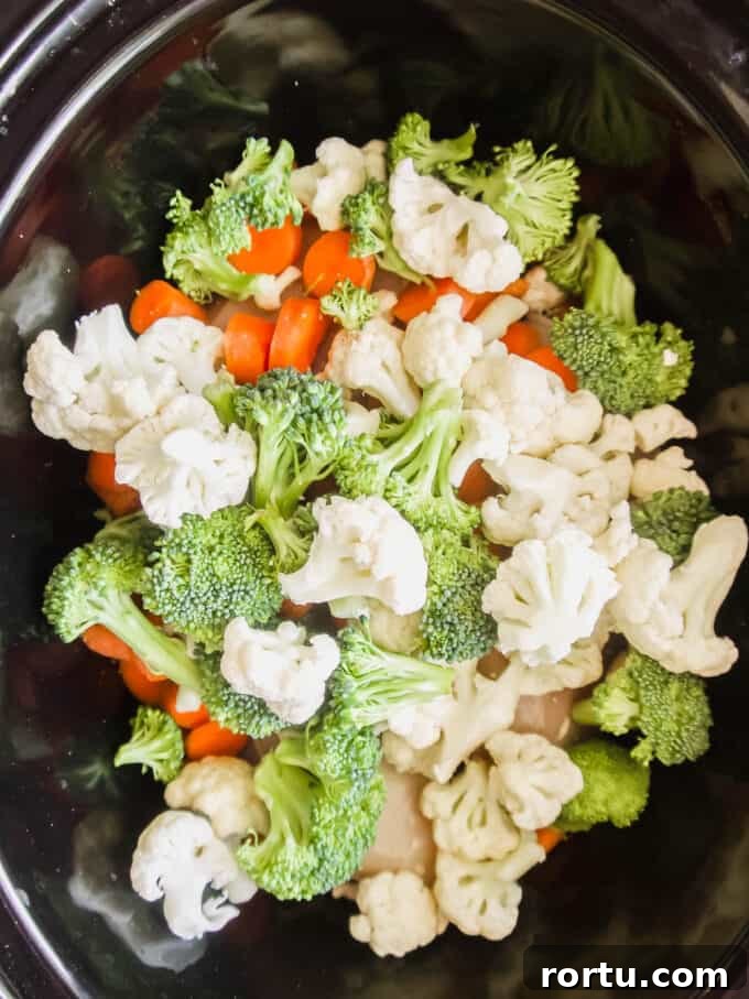 Slow Cooker Chicken Pot Pie Soup — Whole30, Paleo, Dairy-Free 4 Veggies added to slow cooker.