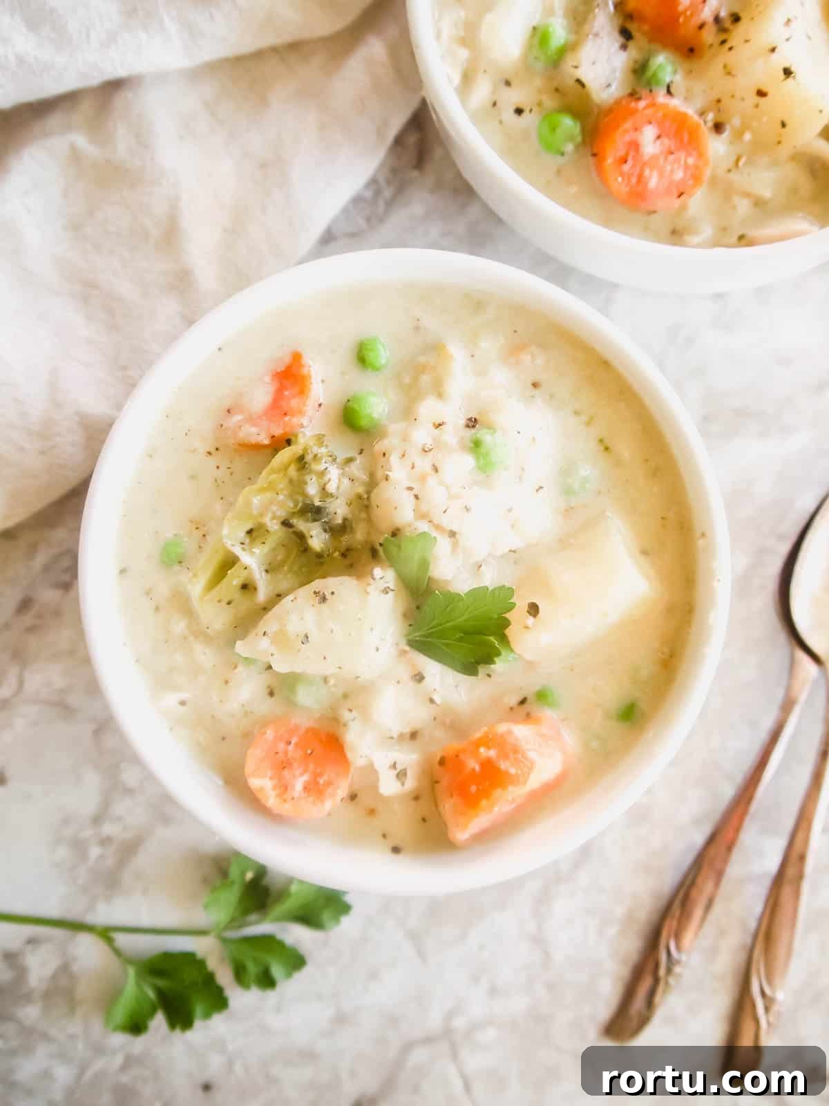 Slow Cooker Chicken Pot Pie Soup — Whole30, Paleo, Dairy-Free 8 Chicken Pot Pie Soup in a bowl.
