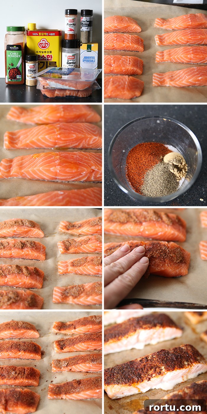 8-photo picture collage of step-by-step photos of how to make baked bang bang salmon.