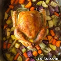 Crisp Roast Chicken with Honey-Glazed Root Vegetables 6 Roasted chicken over vegetables in roasting pan.