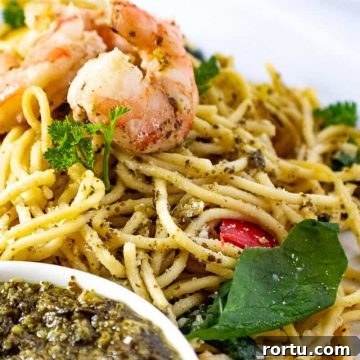 Close up of shrimp and pasta with pesto