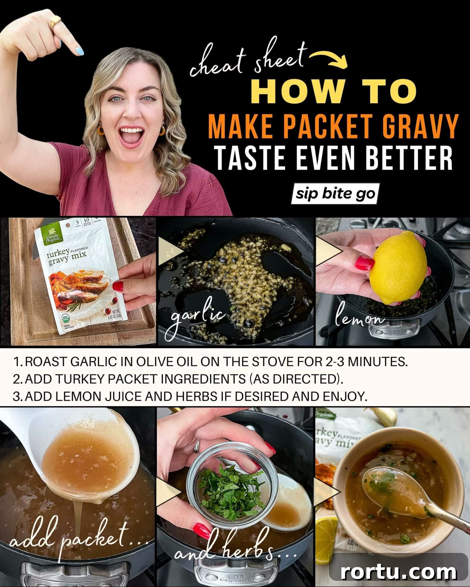 Infographic with step by step recipe for how to make turkey gravy packet better with fresh ingredients