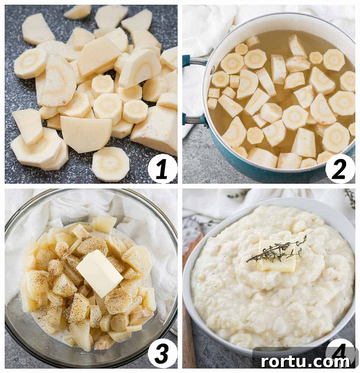 Four panel collage of process shots- chopping parsnips and potatoes, boiling them, combining ingredients, and mashing.