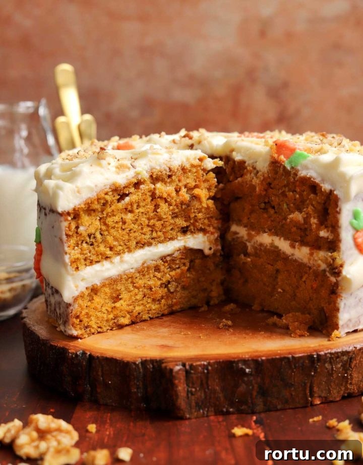 Ultimate Carrot Cake with Light Fluffy Cream Cheese Frosting 18 best carrot cake recipe sliced on wooden plank