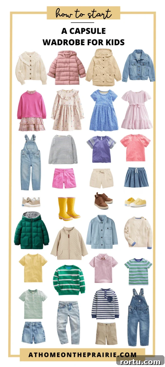Summer Kids Capsule Wardrobe + Free Printable Checklist 2 a graphic showing a kids capsule wardrobe made up of neutral boys and girls clothes