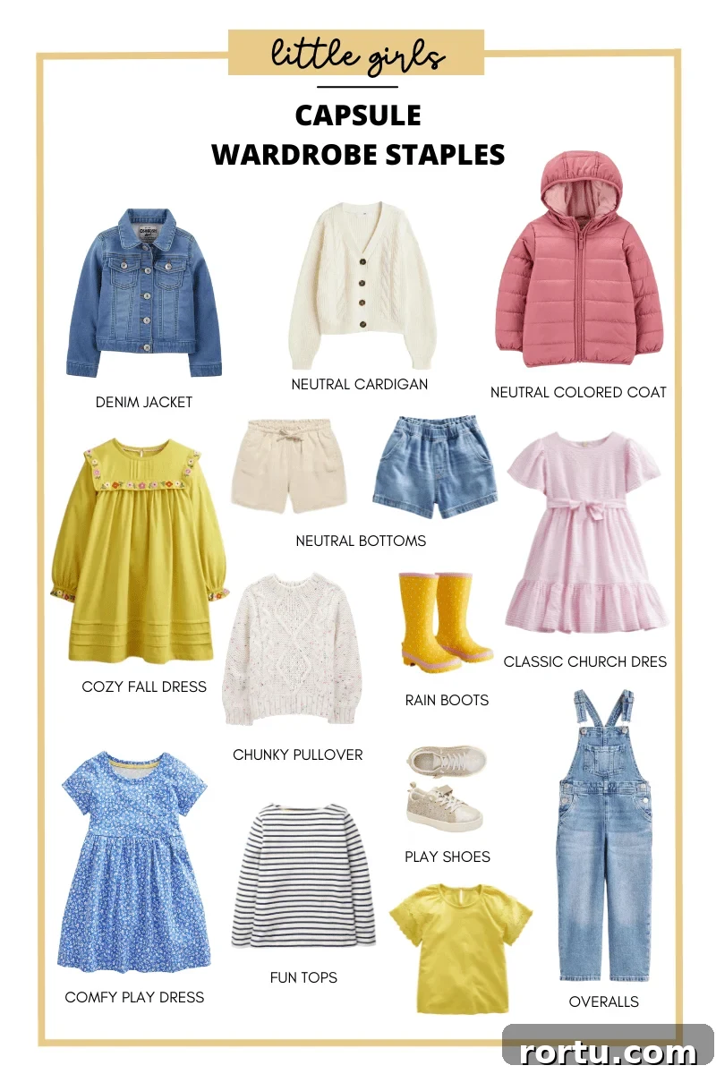 Summer Kids Capsule Wardrobe + Free Printable Checklist 5 a graphic showing capsule wardrobe staples for little girls