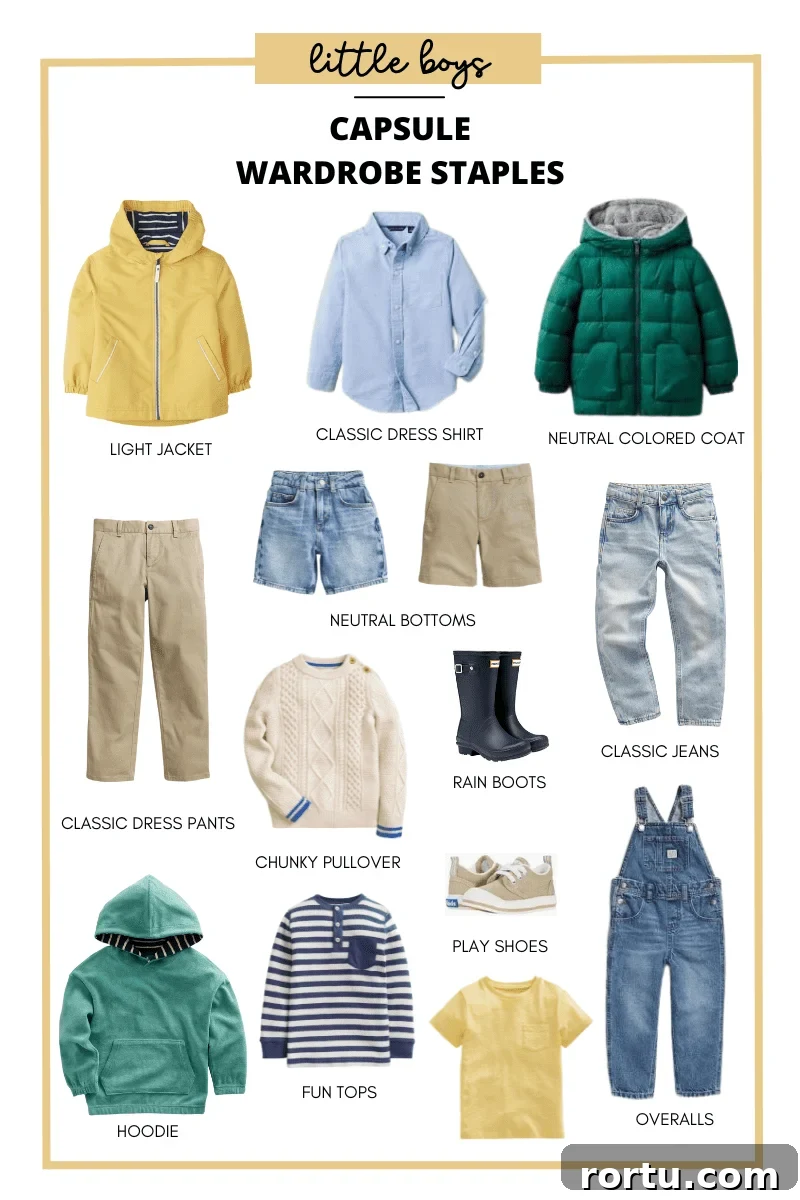 Summer Kids Capsule Wardrobe + Free Printable Checklist 6 a graphic showing capsule wardrobe staples for little boys