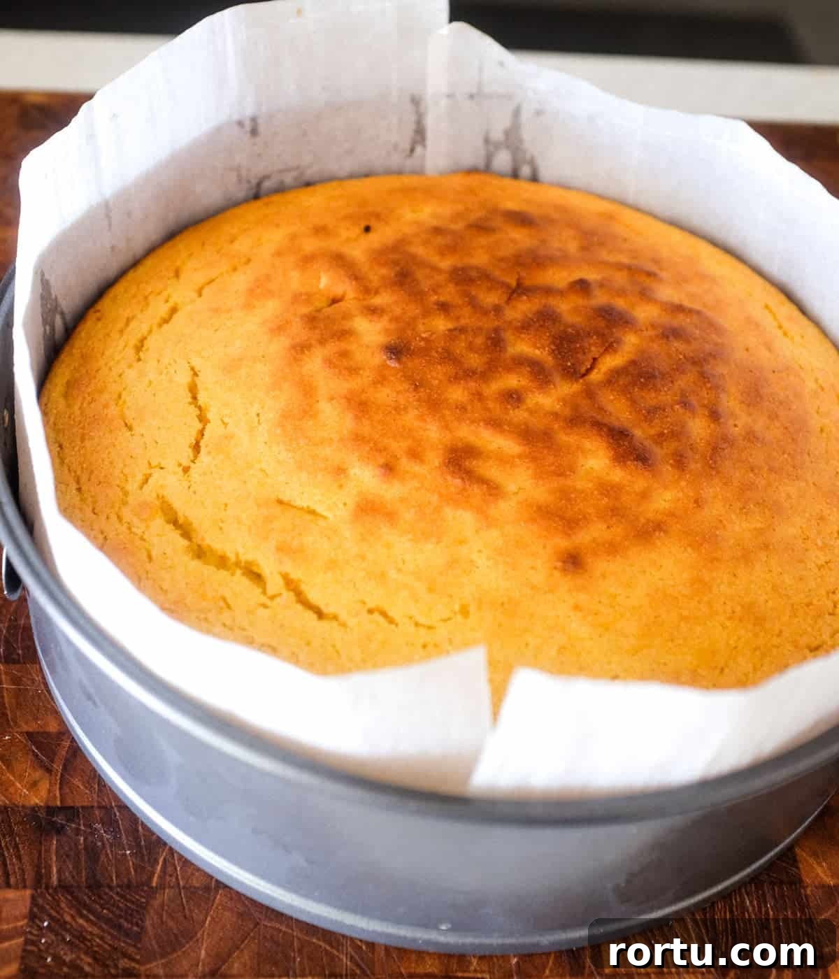 Flourless Orange Cake, fresh from the oven, with a lightly browned top.