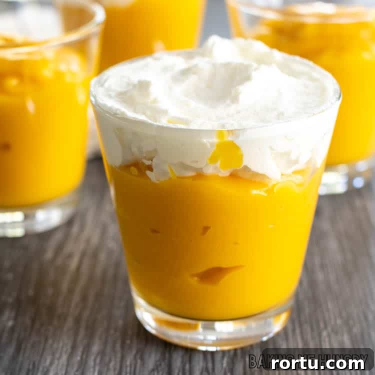 small cup of mango pudding without gelatin topped with whipped cream