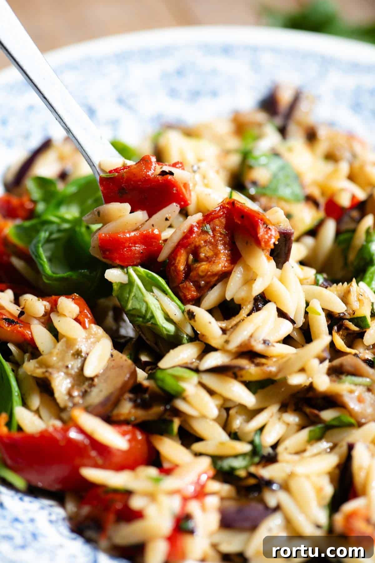 Grilled Summer Vegetables Orzo Salad with Lemon Herb Dressing 4 A close up of an orzo pasta salad with tomatoes and grilled veg.