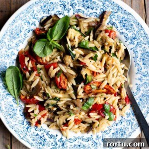 Grilled Summer Vegetables Orzo Salad with Lemon Herb Dressing 9 A close up of an orzo pasta salad with grilled veg and tomatoes in a blue bowl with basil on top.