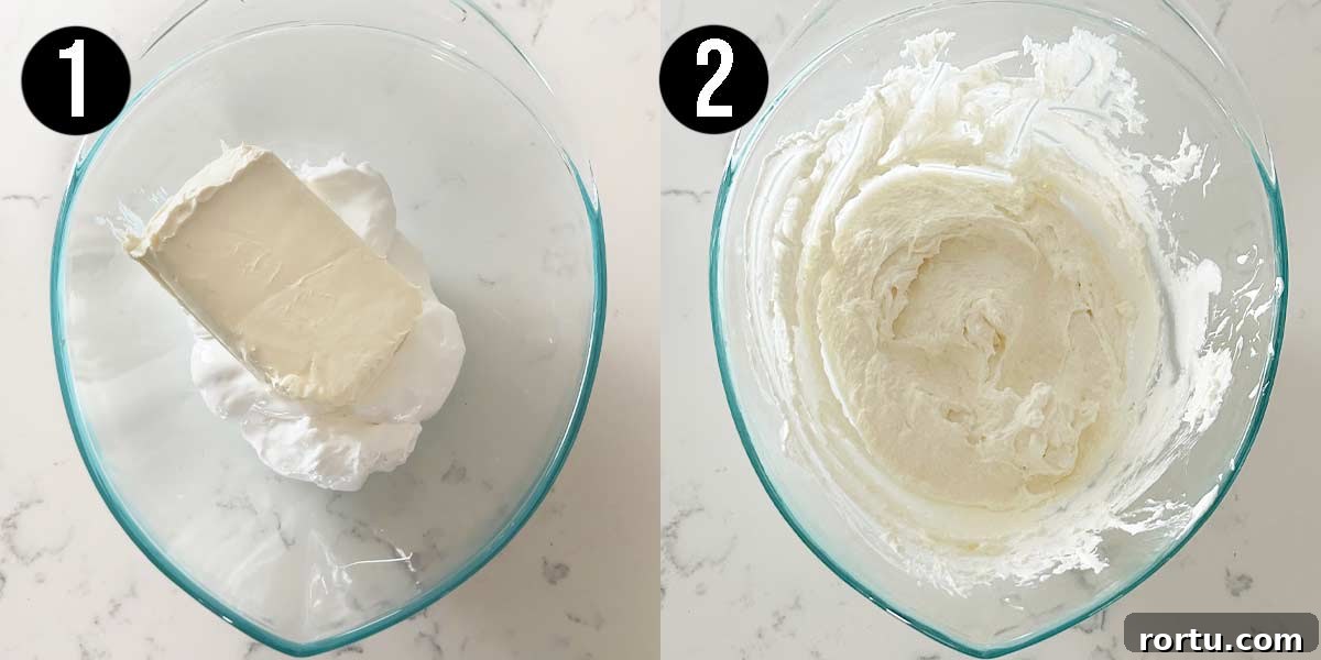 A photo collage consisting of 2 photos showing you step by step how to make fruit dip.