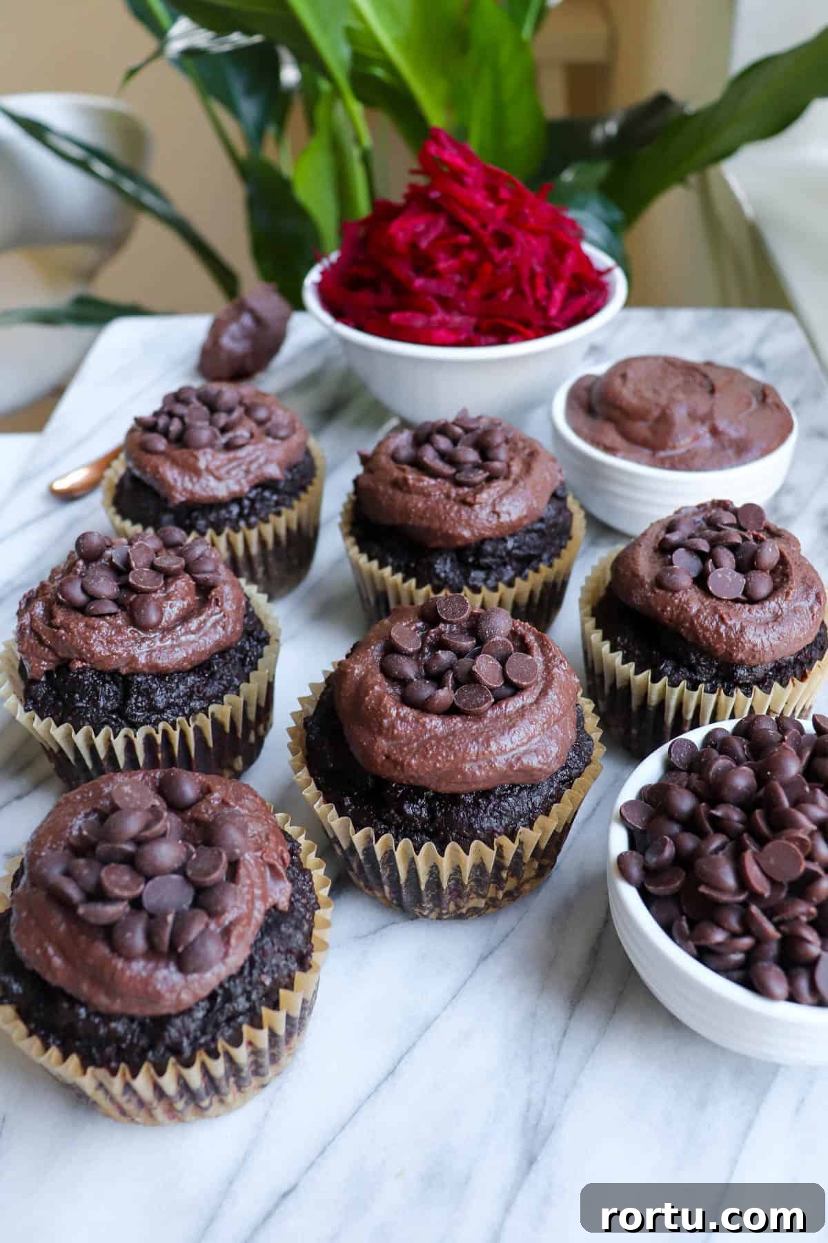 Chocolate muffins with chocolate frosting on top.