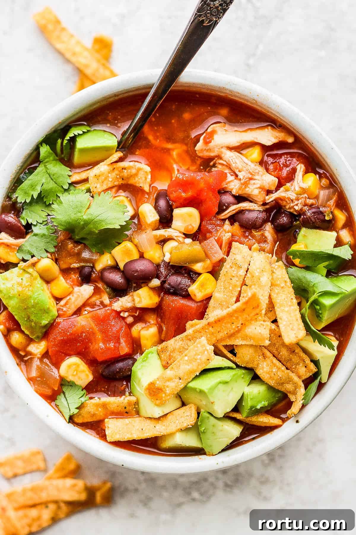 Chicken Tortilla Soup Recipe with Crock Pot and Instant Pot Options 2 A bowl of chicken tortilla soup with a spoon.