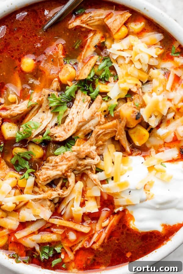 Chicken Tortilla Soup Recipe with Crock Pot and Instant Pot Options 13 Bowl of chicken enchilada soup with sour cream and cheese on top.