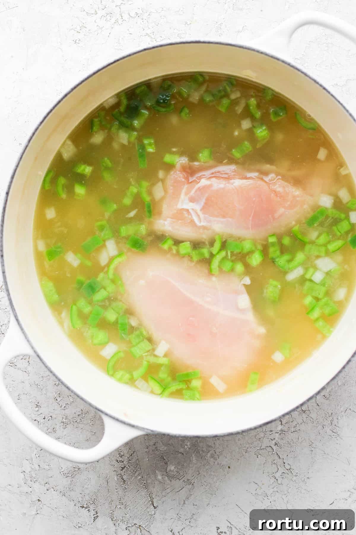 Chicken Tortilla Soup Recipe with Crock Pot and Instant Pot Options 4 Chicken broth and chicken breasts added to the pot.