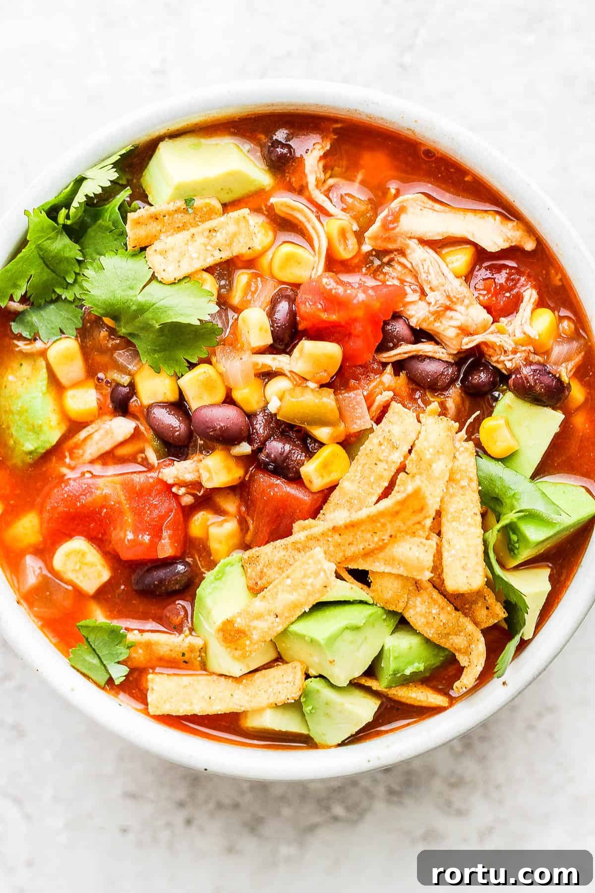 Chicken Tortilla Soup Recipe with Crock Pot and Instant Pot Options 8 Chicken tortilla soup in a bowl.