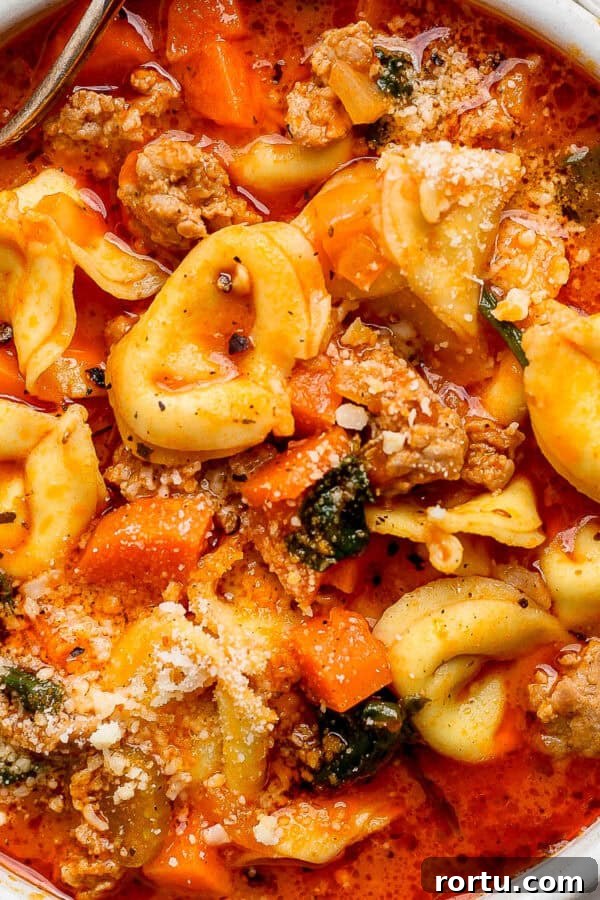 Chicken Tortilla Soup Recipe with Crock Pot and Instant Pot Options 10 A bowl of cheese tortellini soup with a spoon sticking out and crumbled parmesan cheese.