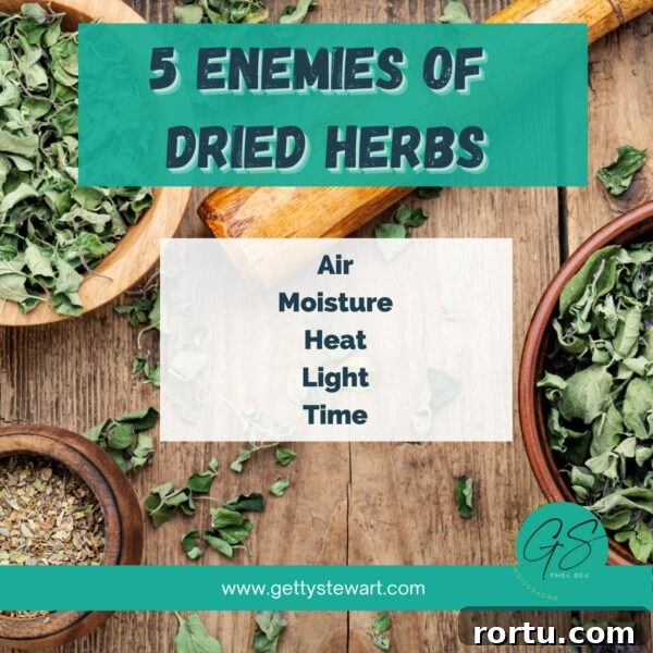 list of 5 enemies of dried herbs air moisture light heat time 