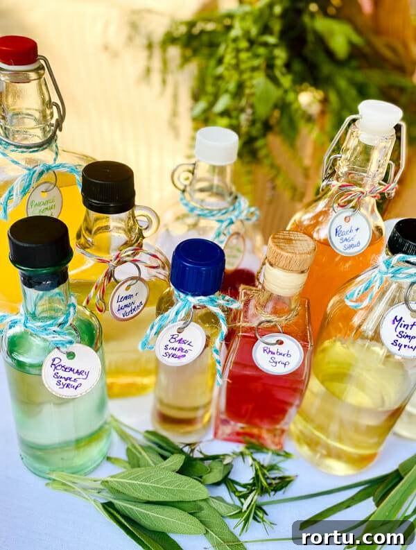 variety of herb infused simple syrup on table