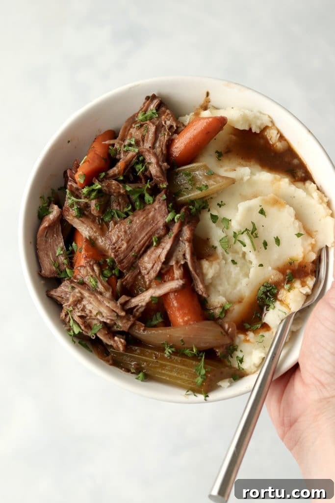 hand holding bowl of pot roast and mashed potatoes