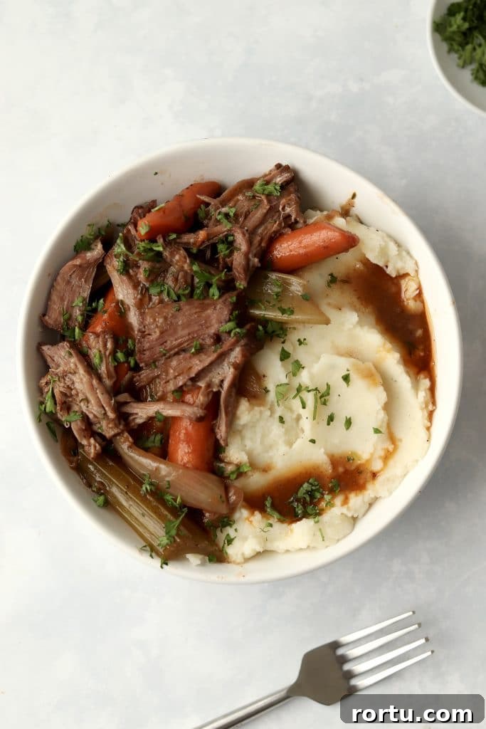 bowl of pot roast with gravy and mashed potatoes